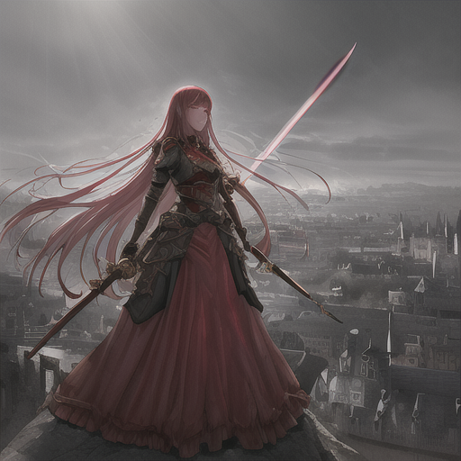 红衣少女，持剑，长发及腰，高冷，禁欲，长裙飘飘，青铜剑，背景为战场